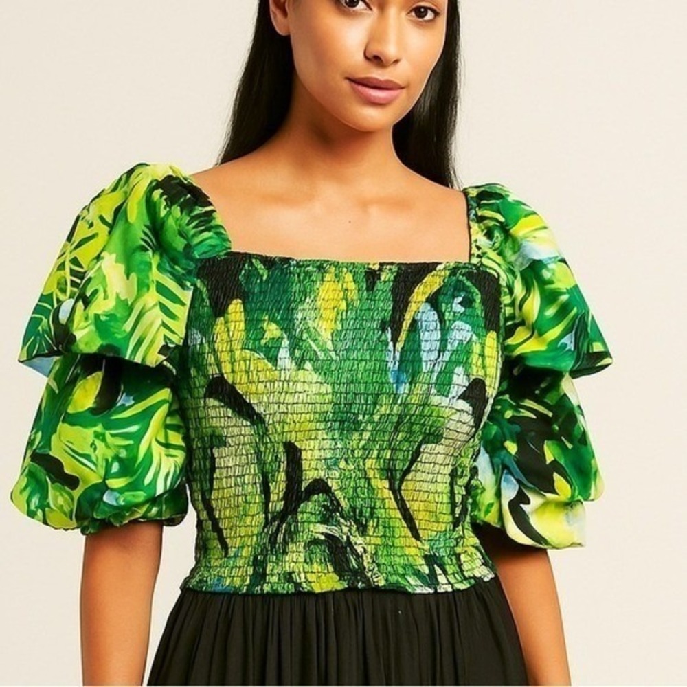 Live 4 Truth Green Tropical Palm Print Smocked Tiered Puff Sleeve Crop Top S - Picture 9 of 9